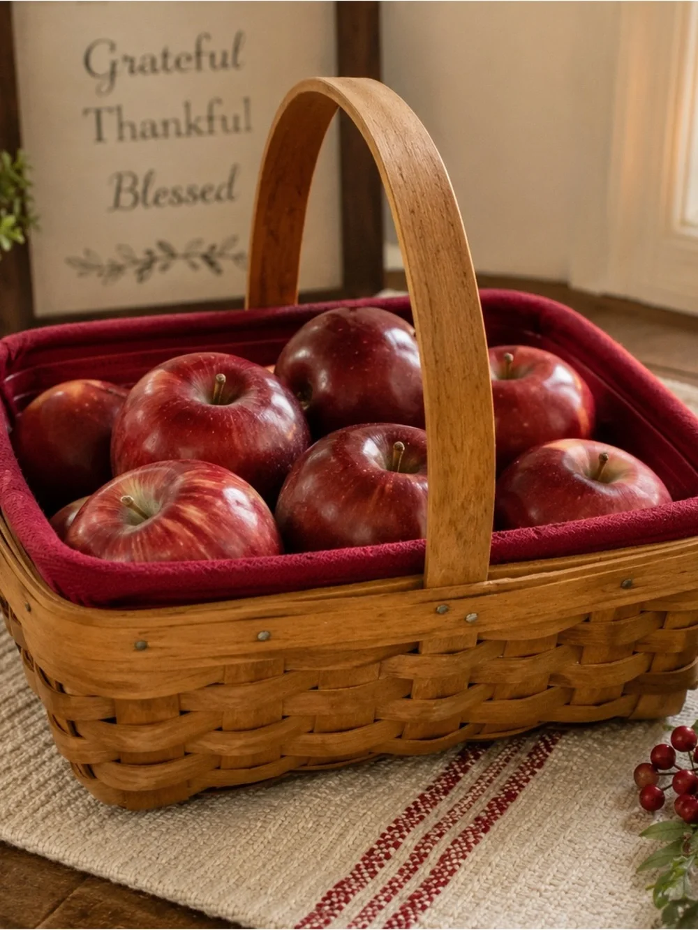 Vintage 2005 Longaberger Basket Red Liner Protector Single Handle Dresden Ohio